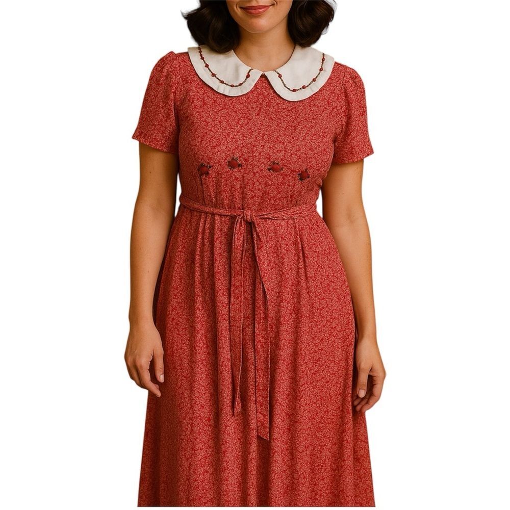 Bonnie Jean Vintage Red Pleated Sundress with Peter Pan Collar and Rose Details
